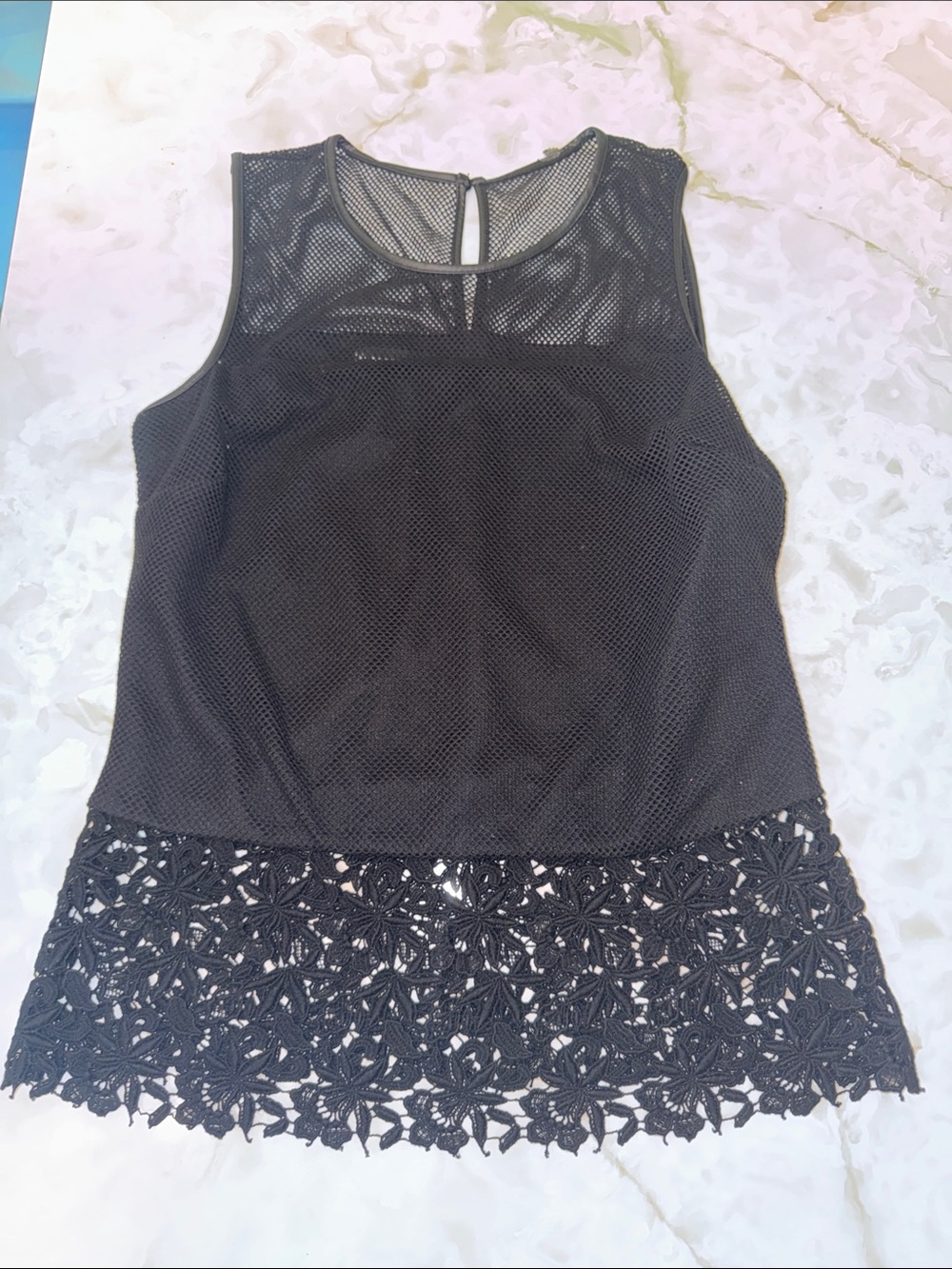 INC International Concepts Black Mesh Tank with Lace Hem
